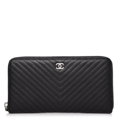 Chanel Caviar Chevron Quilted Large Gusset Zip Around Wallet Black 1 of 9