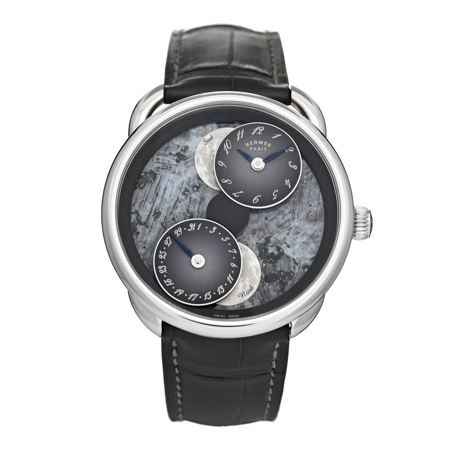 18K White Gold Alligator Blue Mother of Pearl 43mm Arceau L'Heure De La Lune Moon Phase Automatic Watch Graphite
