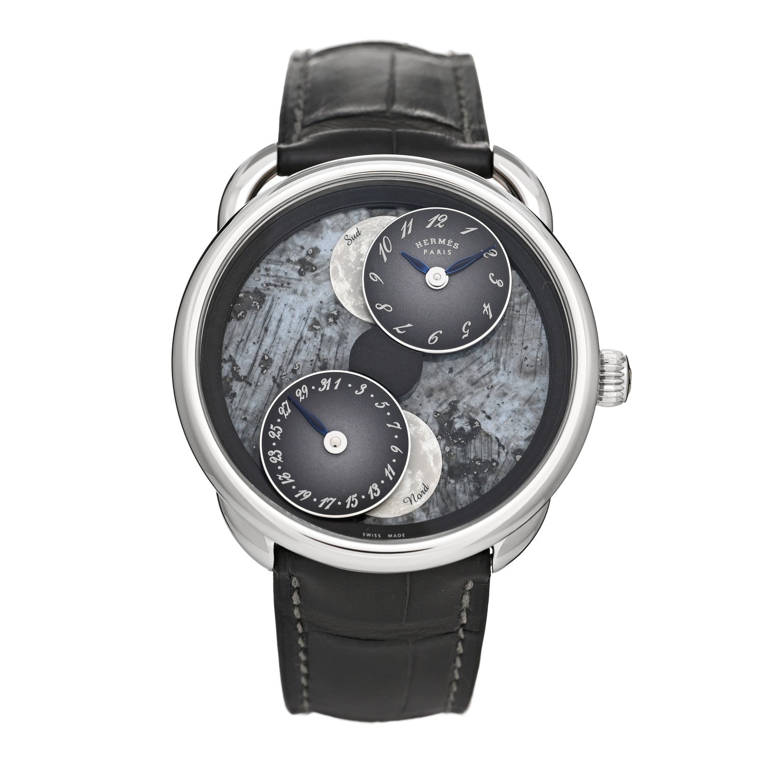 Hermes 18K White Gold Alligator Blue Mother of Pearl 43mm Arceau L'Heure De La Lune Moon Phase Automatic Watch Graphite 1 of 5
