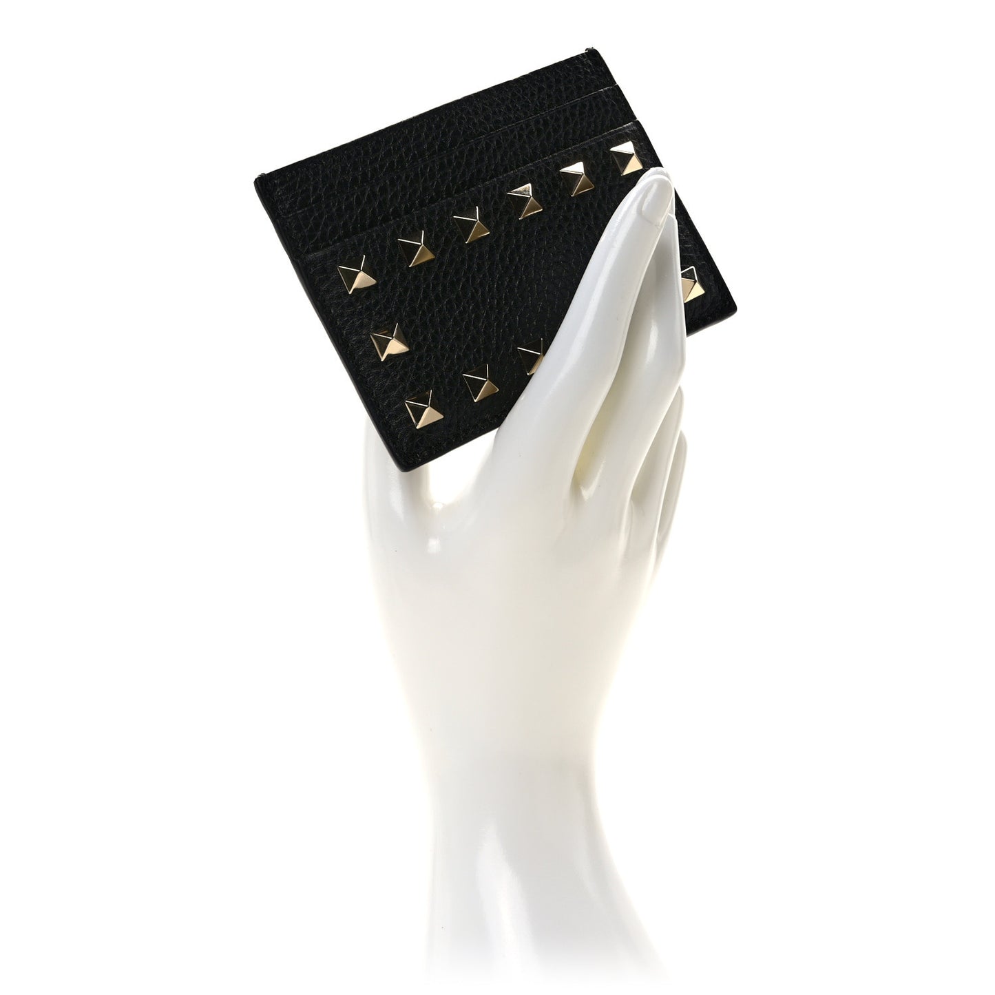 Pebbled Calfskin Rockstud Card Holder Black