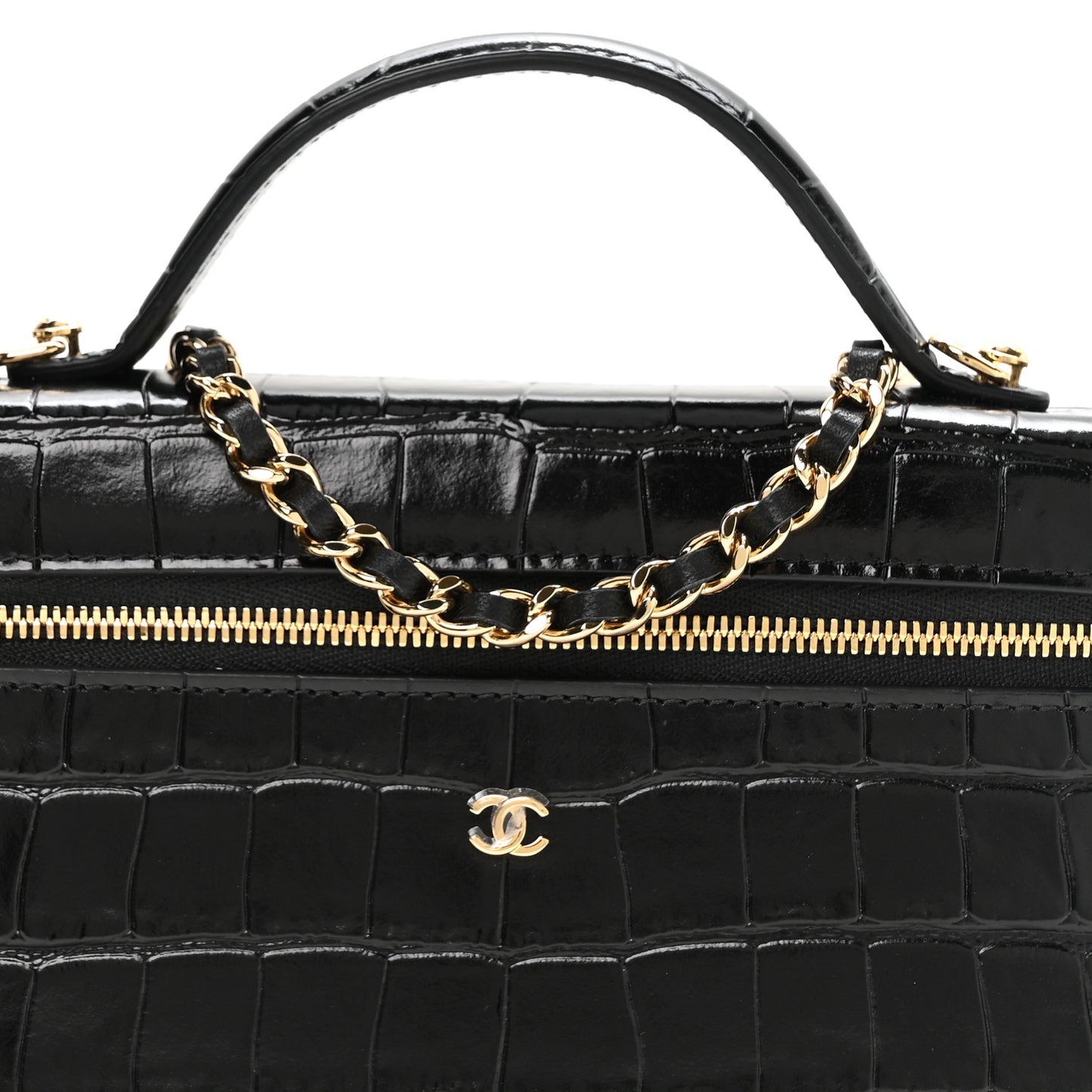 Calfskin Crocodile Embossed Crococo Top Handle Slim Vanity Case With Chain Black