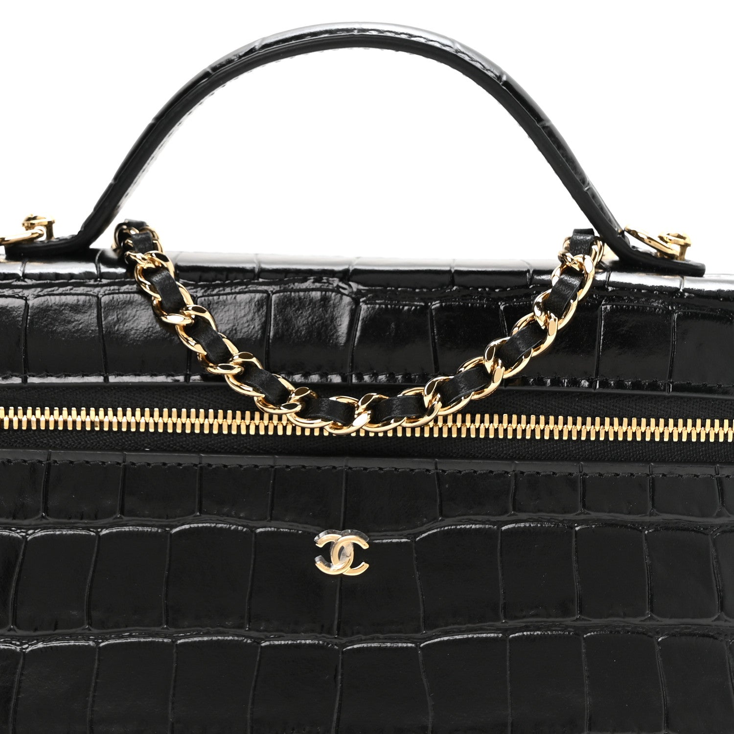 Chanel Calfskin Crocodile Embossed Crococo Top Handle Slim Vanity Case With Chain Black 8 of 11