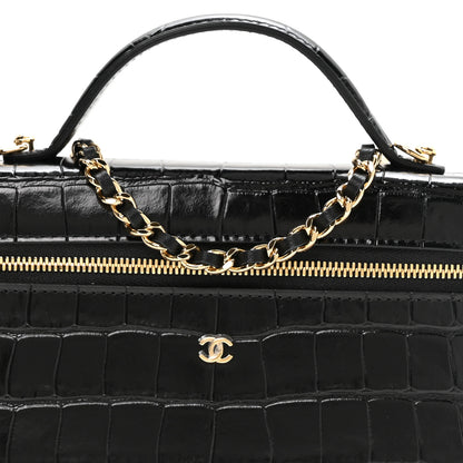 Chanel Calfskin Crocodile Embossed Crococo Top Handle Slim Vanity Case With Chain Black 8 of 11