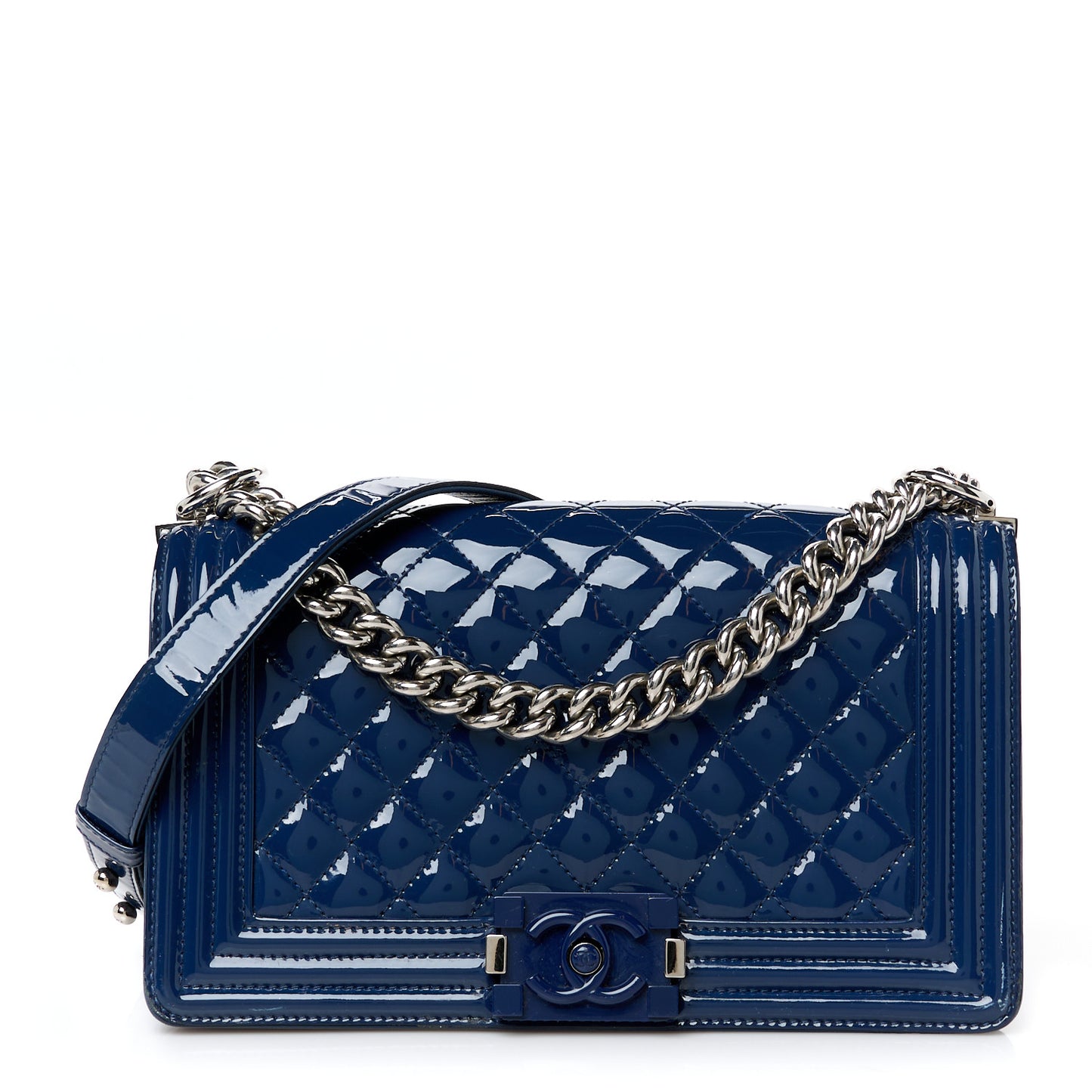 Patent Calfskin Quilted Medium Plexiglass Boy Flap Navy