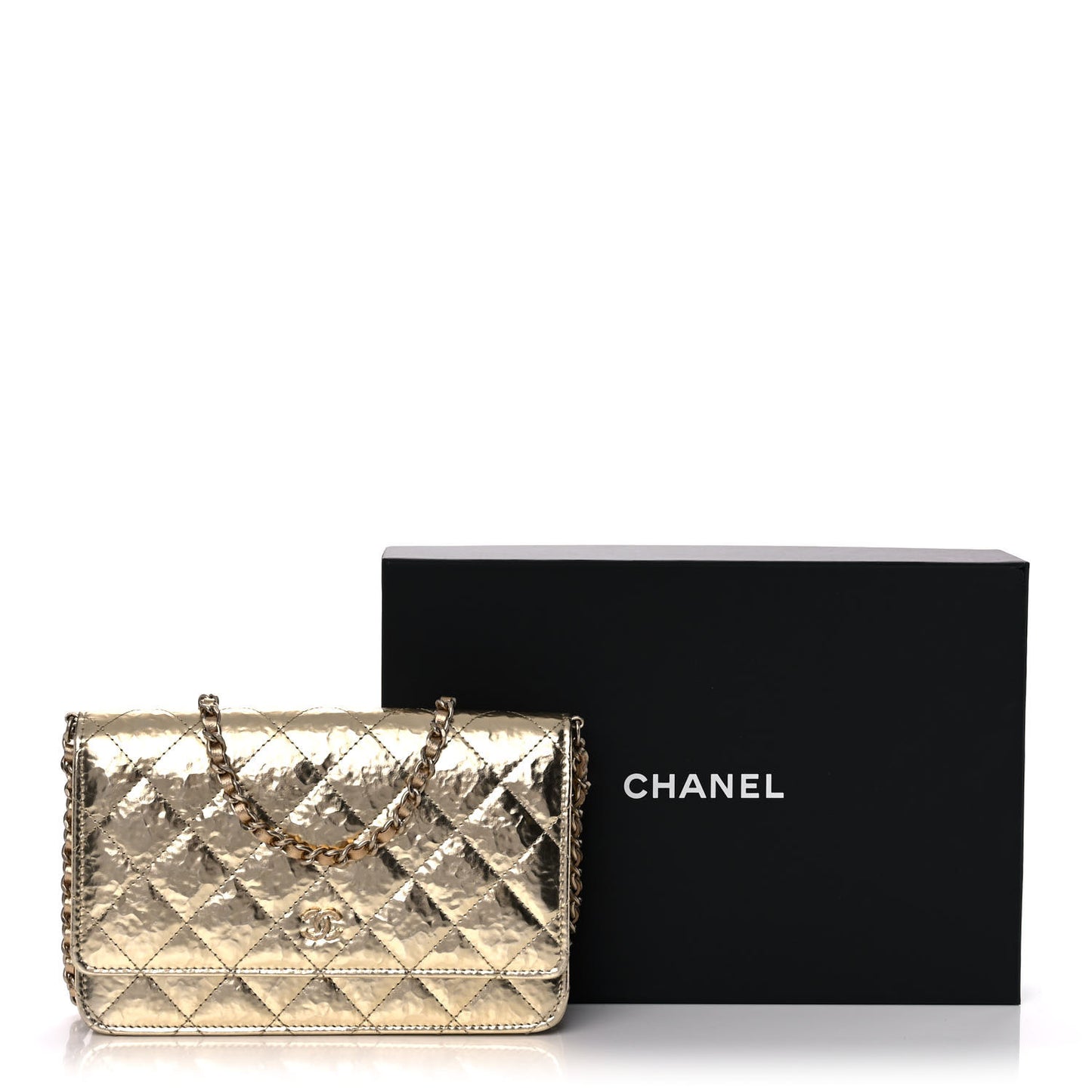 Hammered Metallic Calfskin Quilted Wallet On Chain WOC Gold