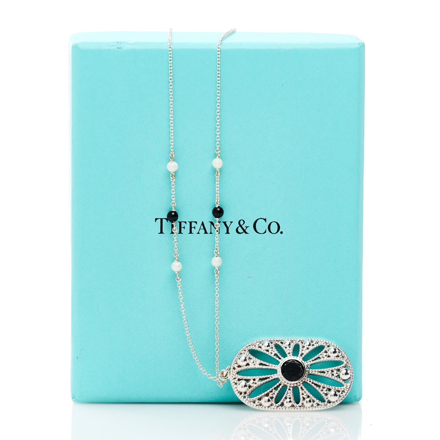 Tiffany Sterling Silver Black Onyx Pearl Ziegfeld Daisy Pendant Necklace 10 of 10