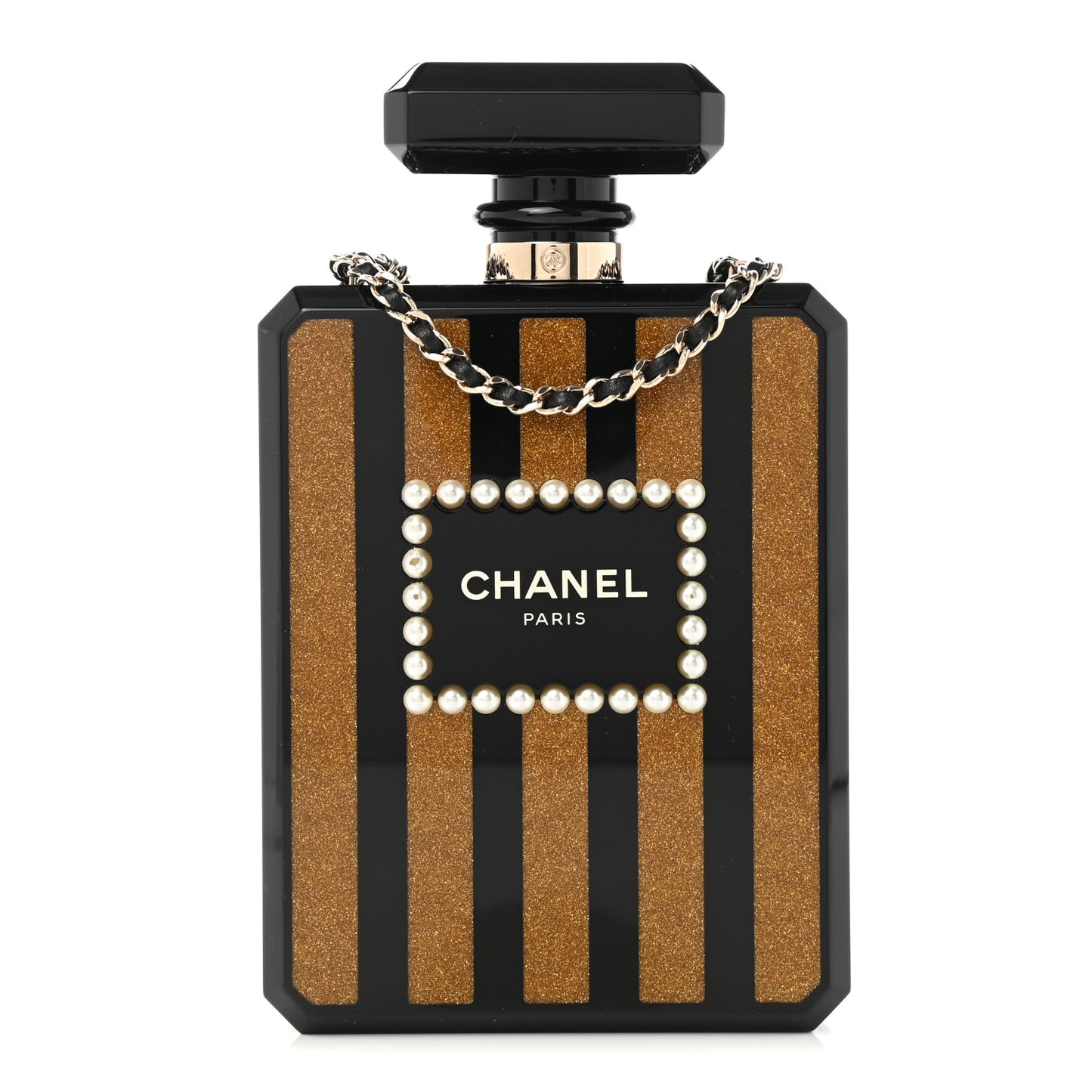 Plexiglass Perfume Bottle Clutch Black Gold