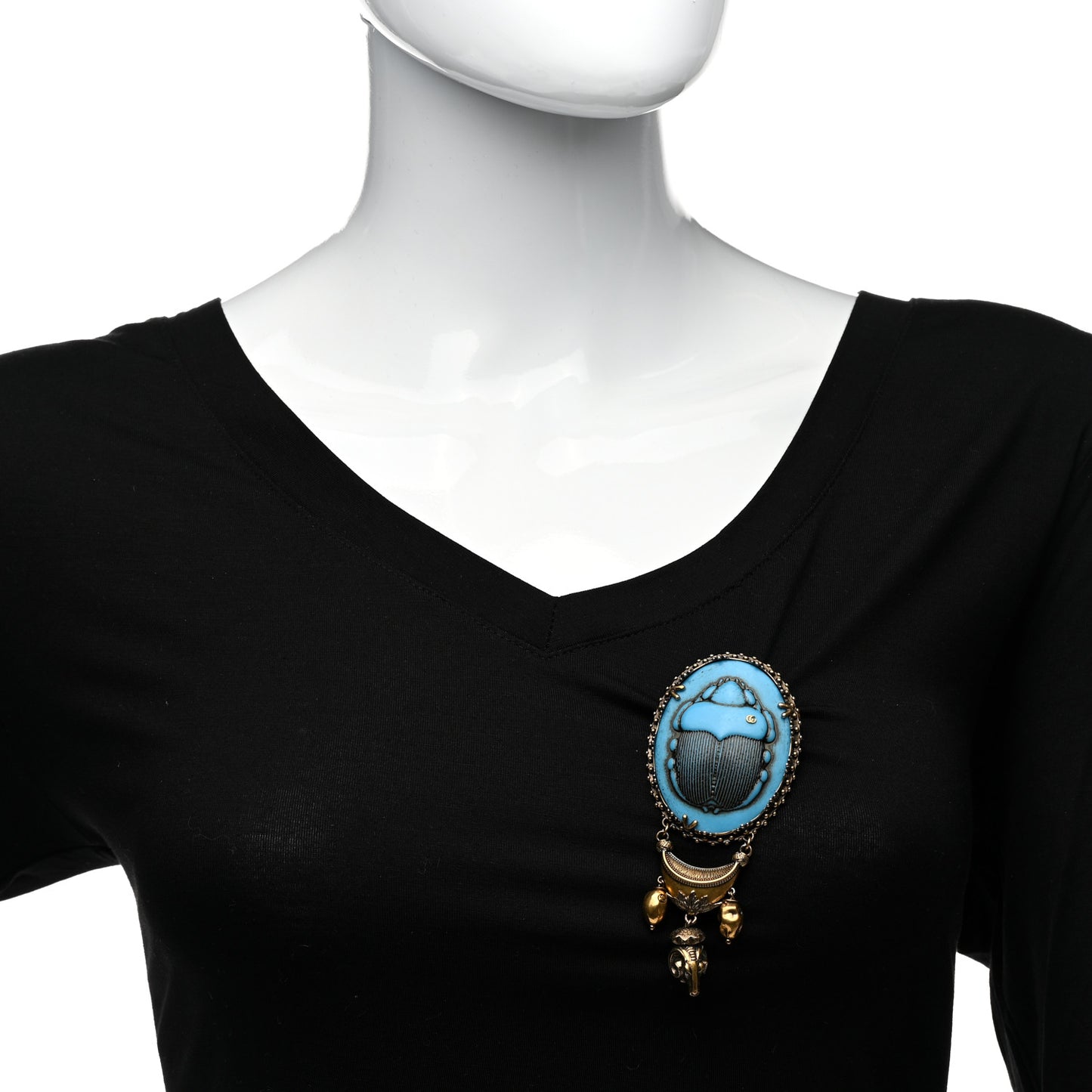 Metal Scarab Cameo Brooch Aged Gold Blue