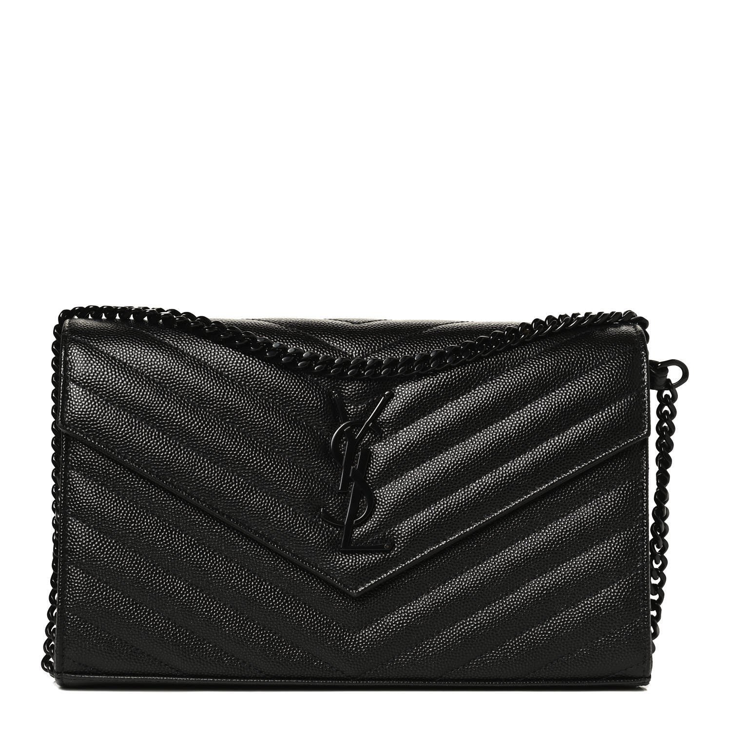Saint Laurent Grain De Poudre Matelasse Chevron Monogram Chain Wallet Black 1 of 11
