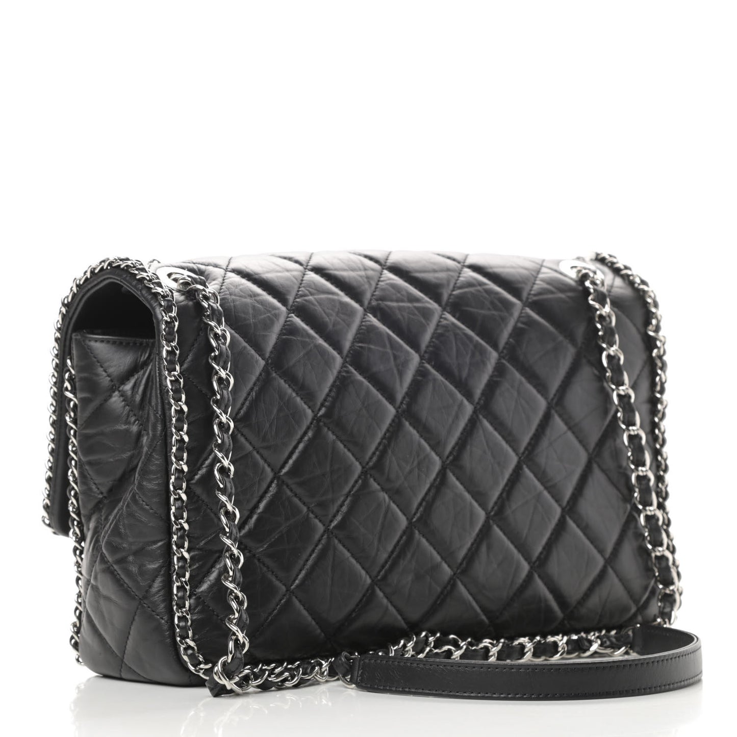 Crumpled Calfskin Quilted Large Chain All Over Flap Bag Black