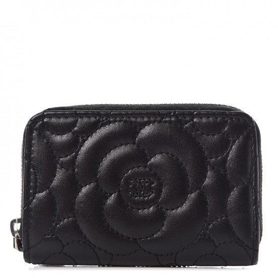 Lambskin Camellia Zip Around Coin Purse Wallet Black