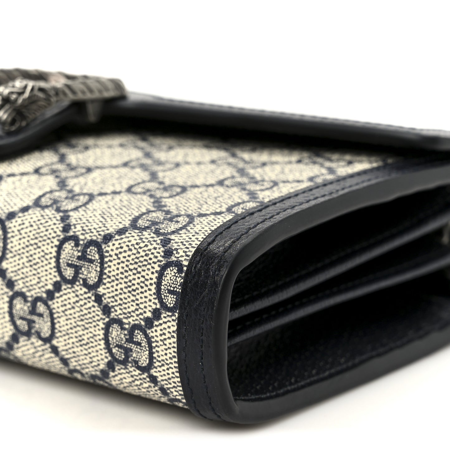 GG Supreme Monogram Textured Dollar Calfskin Mini Dionysus Chain Wallet Beige Blue