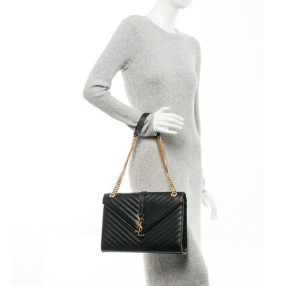 Saint Laurent Grain De Poudre Matelasse Chevron Large Monogram Satchel Black 2 of 11