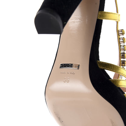 Gucci Velvet Nappa Crystal Zephyra Slingback Platform High Heel Sandals 36 Black Gold 8 of 9