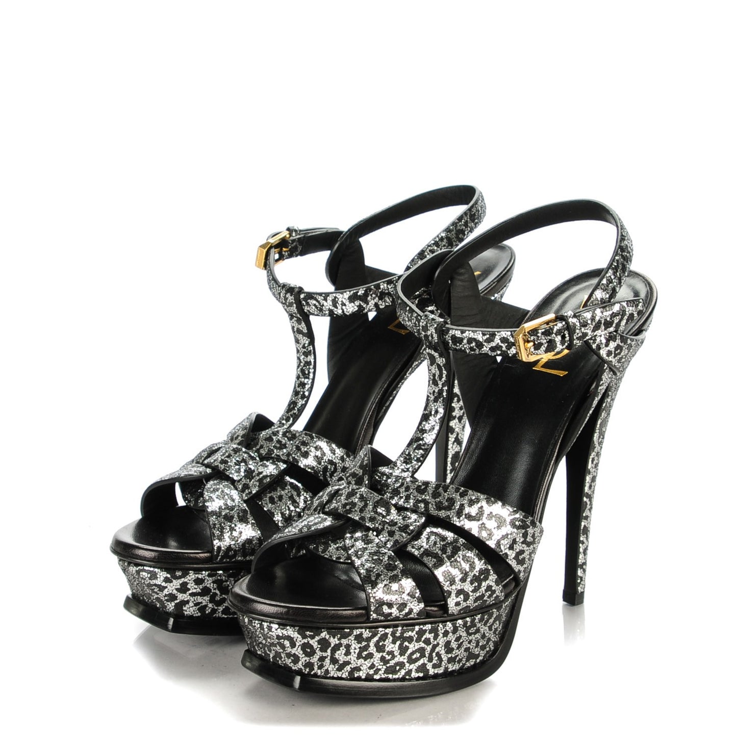 Python Calfskin Embossed Classic Tribute 105 Platform Sandals 38.5 Black Silver