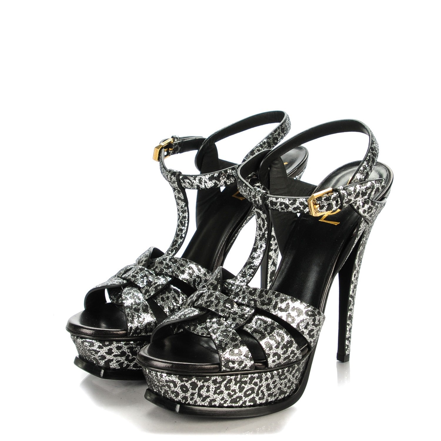 Saint Laurent Python Calfskin Embossed Classic Tribute 105 Platform Sandals 38.5 Black Silver 3 of 7