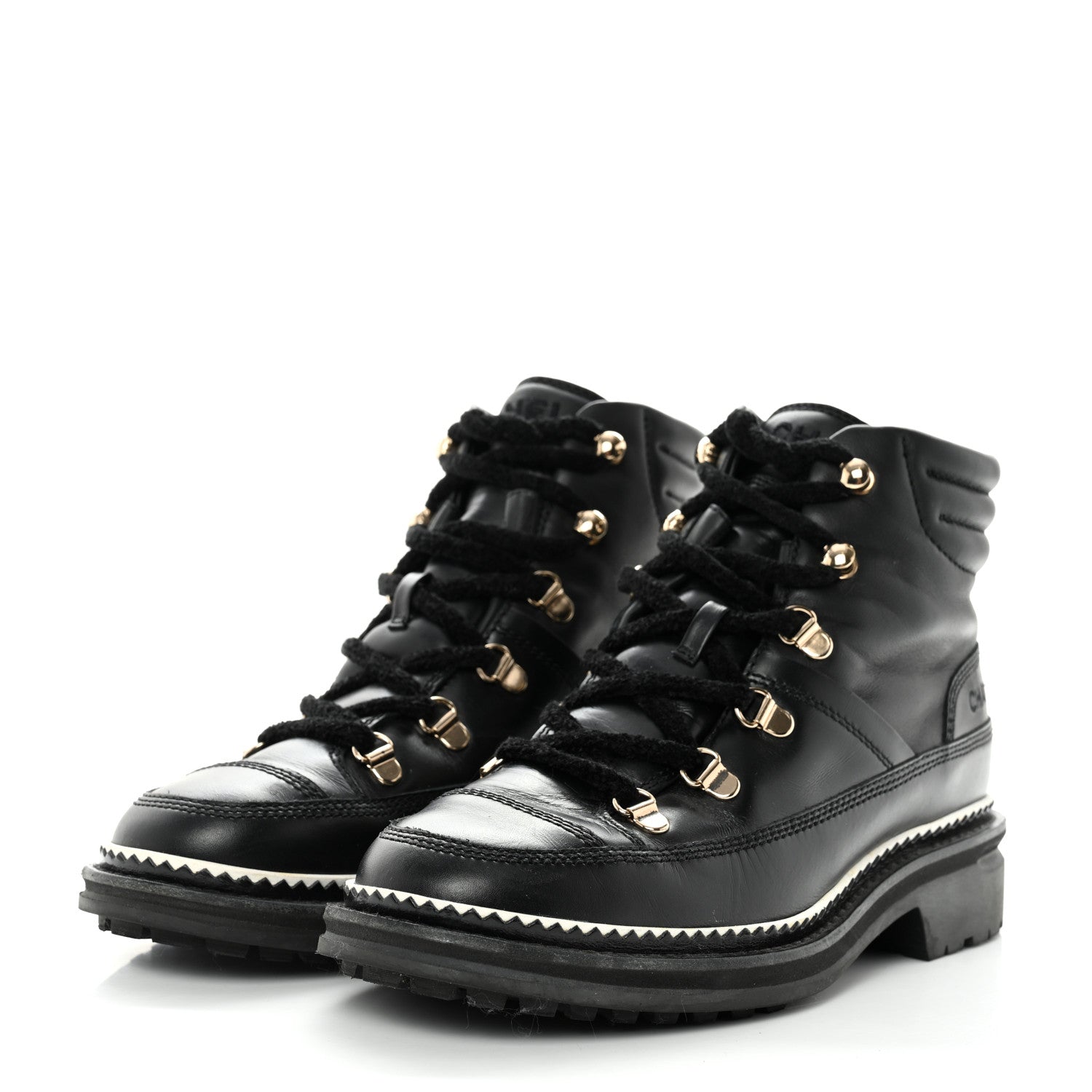 Chanel Calfskin Lambskin Lace Up Boots 37.5 Black 3 of 9
