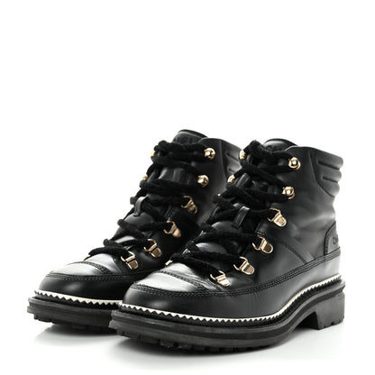 Chanel Calfskin Lambskin Lace Up Boots 37.5 Black 3 of 9