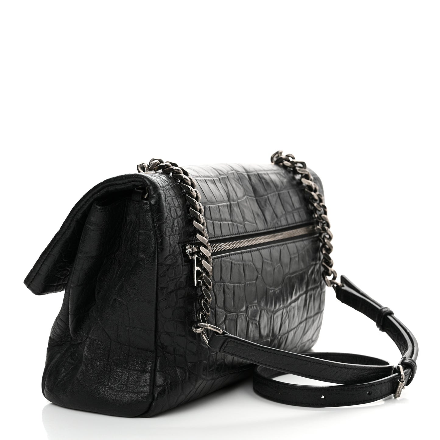 Calfskin Crocodile Embossed Medium West Hollywood Monogram Fold-Over Black