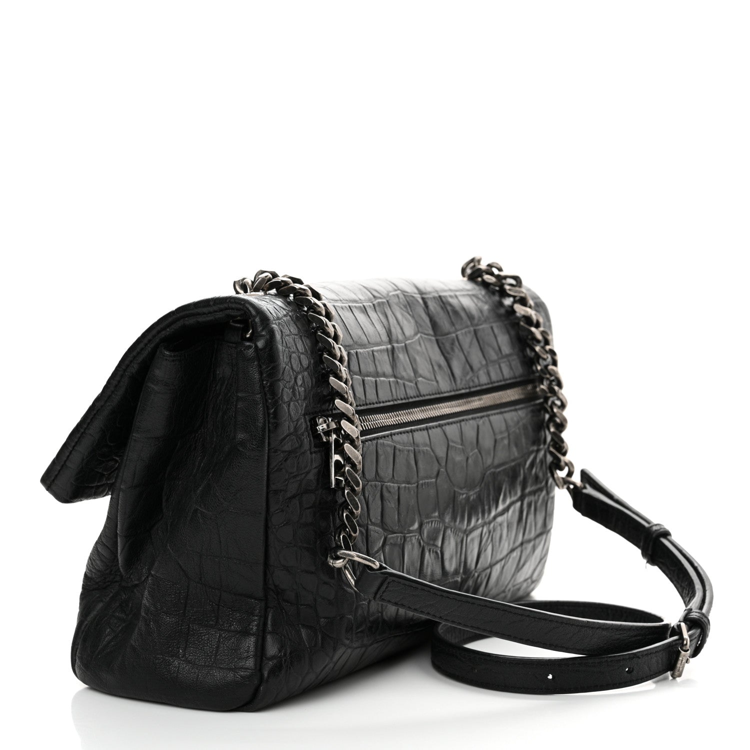 Saint Laurent Calfskin Crocodile Embossed Medium West Hollywood Monogram Fold-Over Black 3 of 13