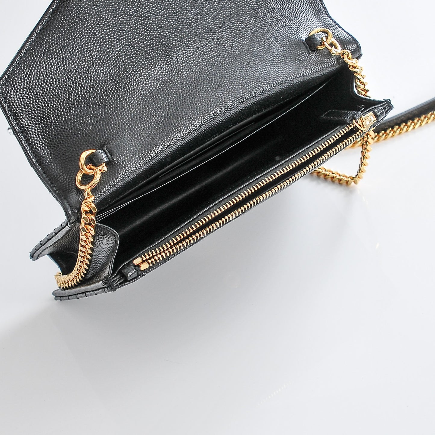 Grain De Poudre Matelasse Chevron Monogram Envelope Chain Wallet Black