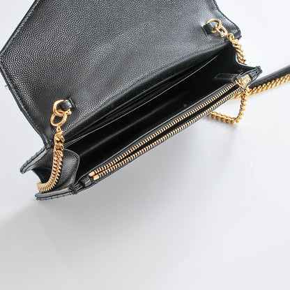 Saint Laurent Grain De Poudre Matelasse Chevron Monogram Envelope Chain Wallet Black 5 of 7