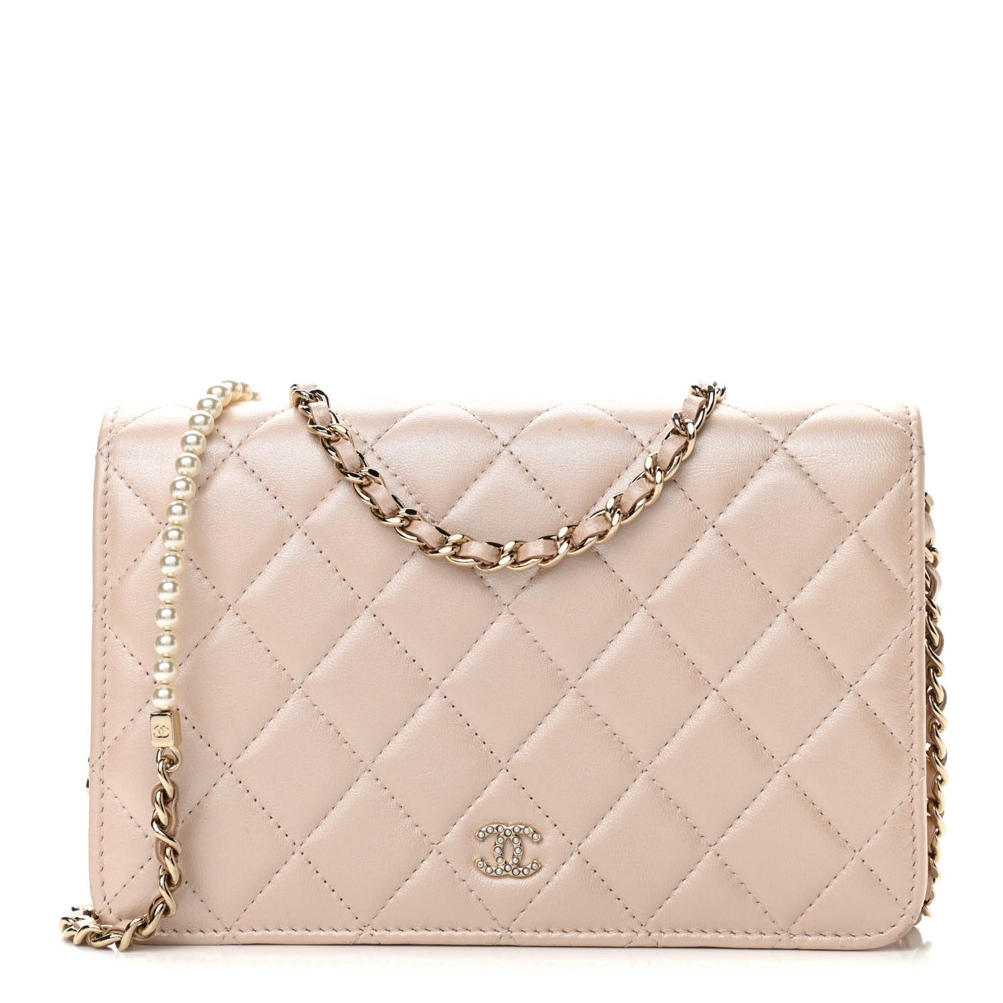 Iridescent Lambskin Quilted Pearl Wallet On Chain WOC Light Beige