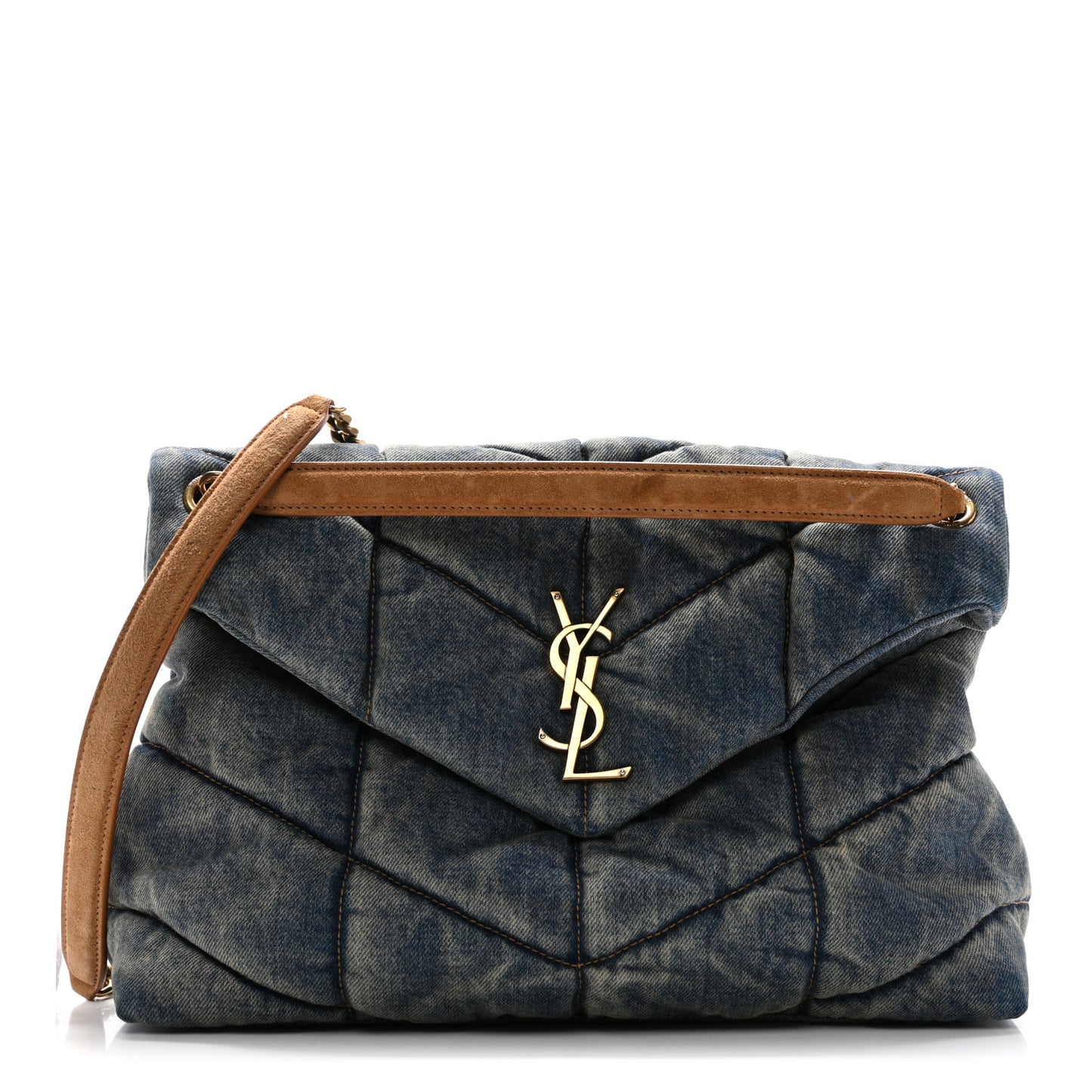 Denim Quilted Medium Loulou Puffer Monogram Chain Satchel Blue Cinnamon