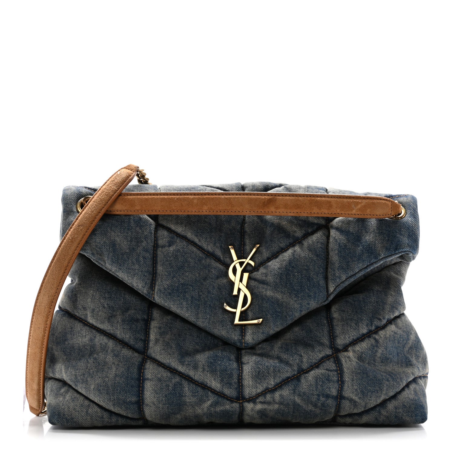 Saint Laurent Denim Quilted Medium Loulou Puffer Monogram Chain Satchel Blue Cinnamon 1 of 10