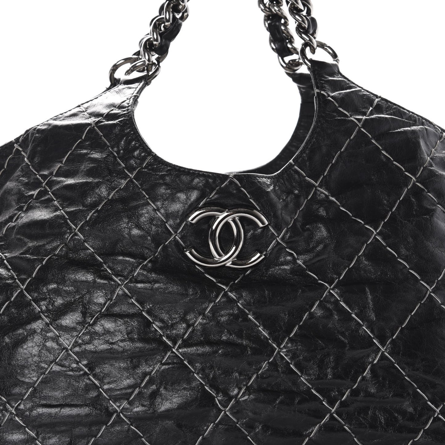 Glazed Goatskin Double Contrast Stitch Tote Black