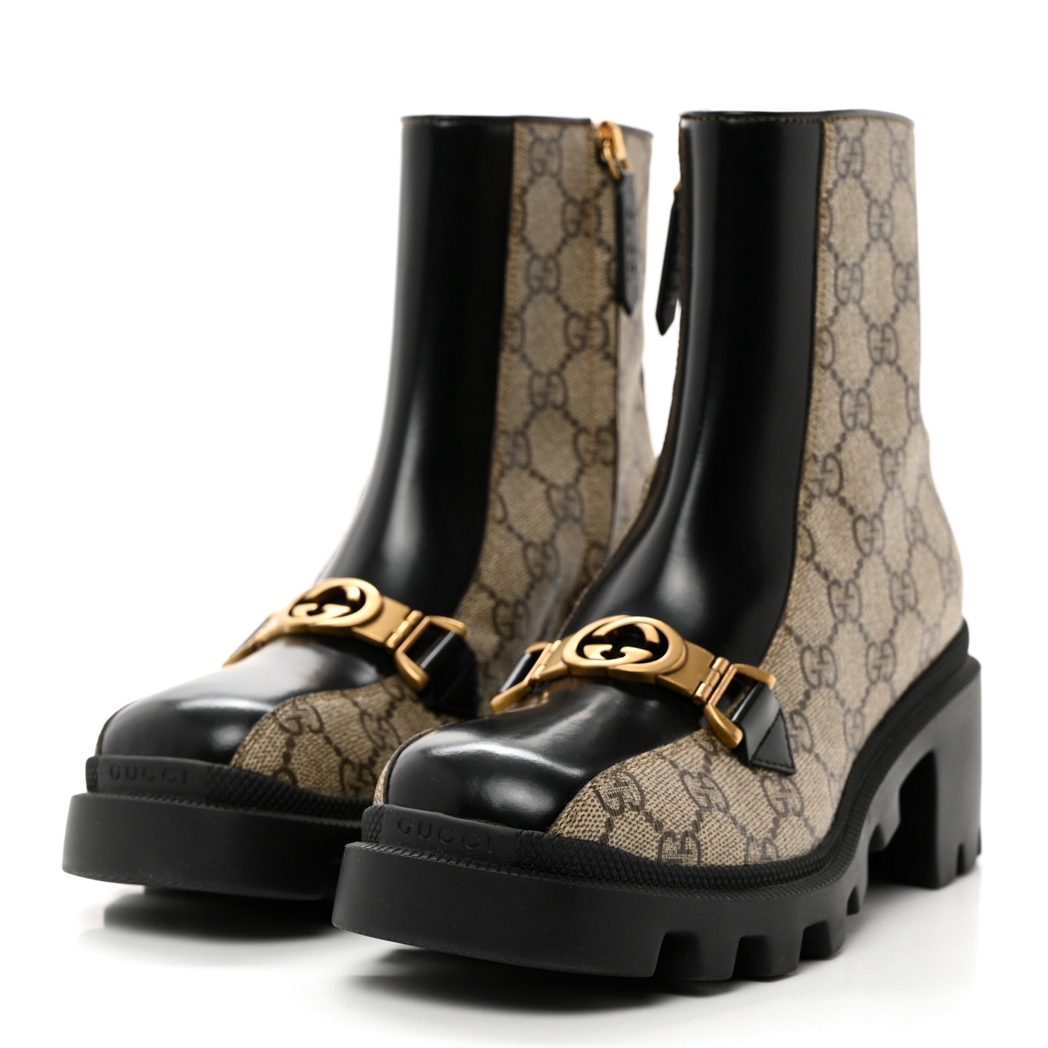Gucci GG Supreme Monogram Magnum Calfskin Interlocking G Womens Lug Sole Ankle Boots 35.5 Beige Ebony Black 3 of 10