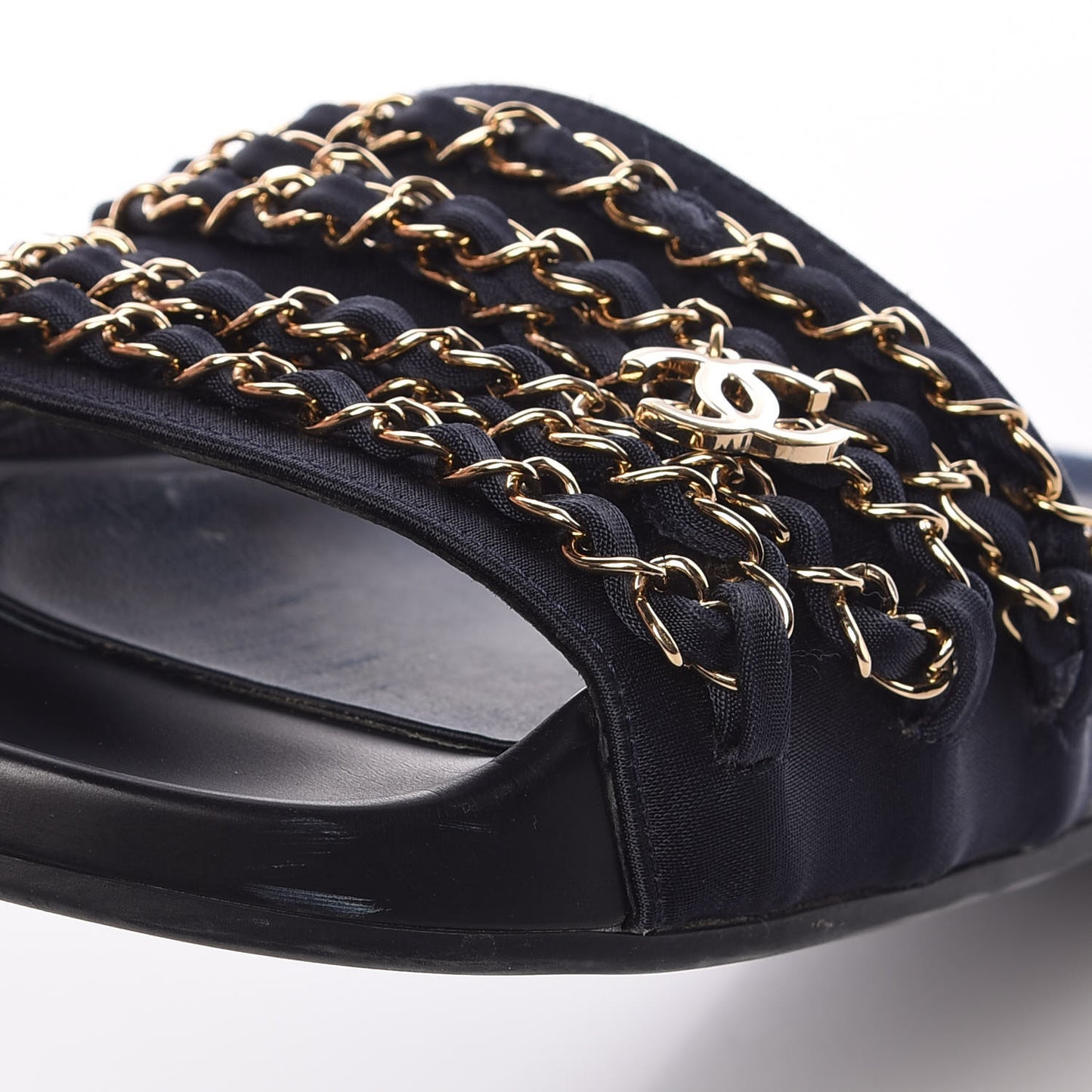Satin Canvas Chain Flat Sandals 37 Marine