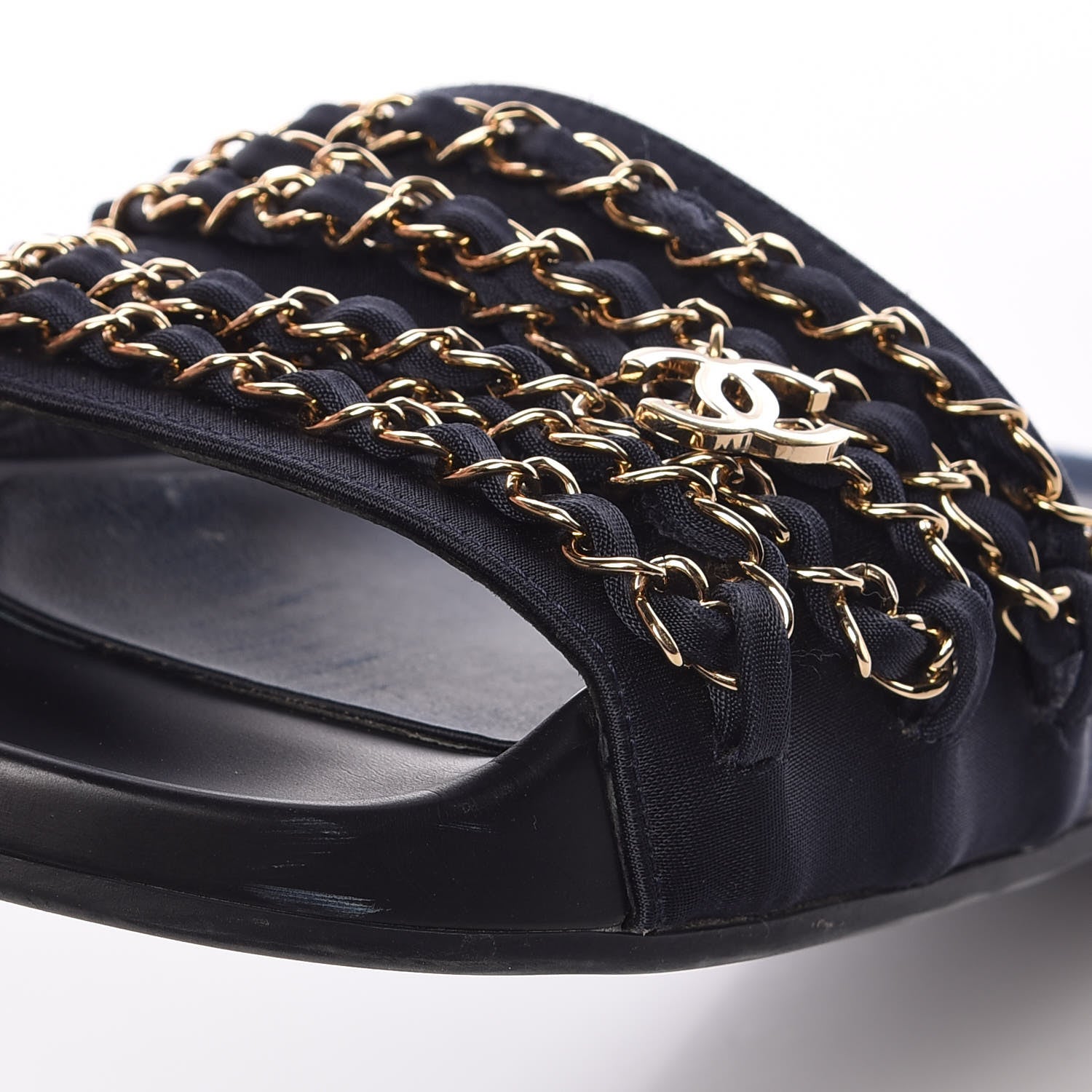 Chanel Satin Canvas Chain Flat Sandals 37 Marine 15 of 16