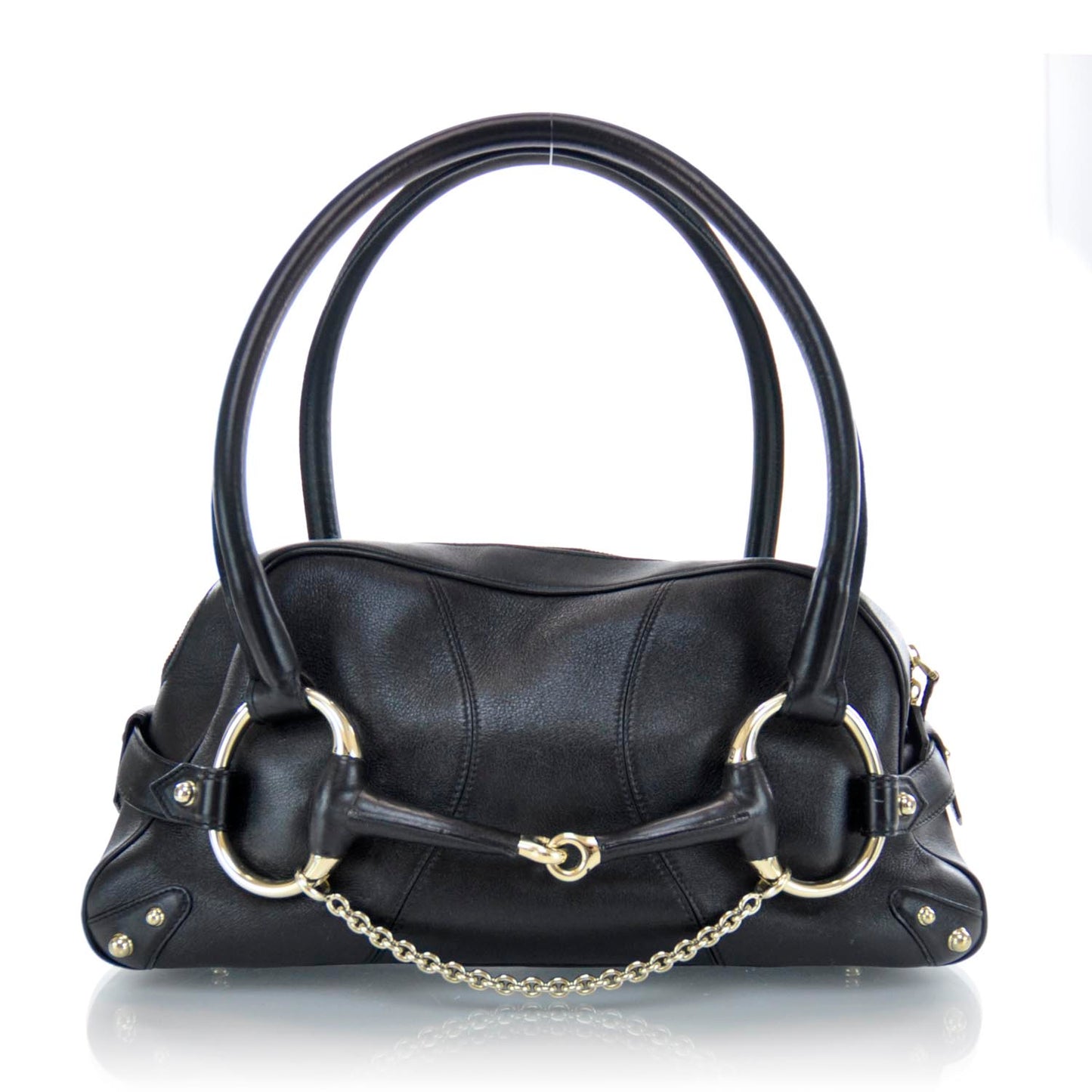 Leather Large Horsebit Chain Bag Black