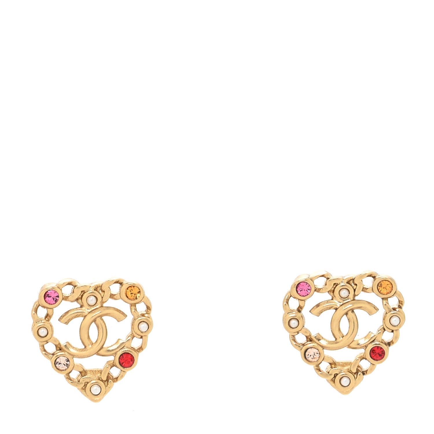 Chanel Pearl Crystal CC Heart Earrings Gold Multicolor 1 of 4
