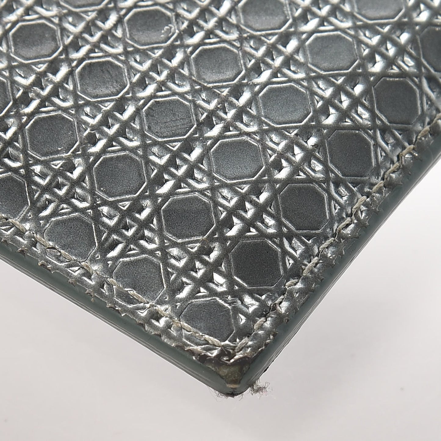 Metallic Patent Micro-Cannage Lady Dior Card Holder Silver