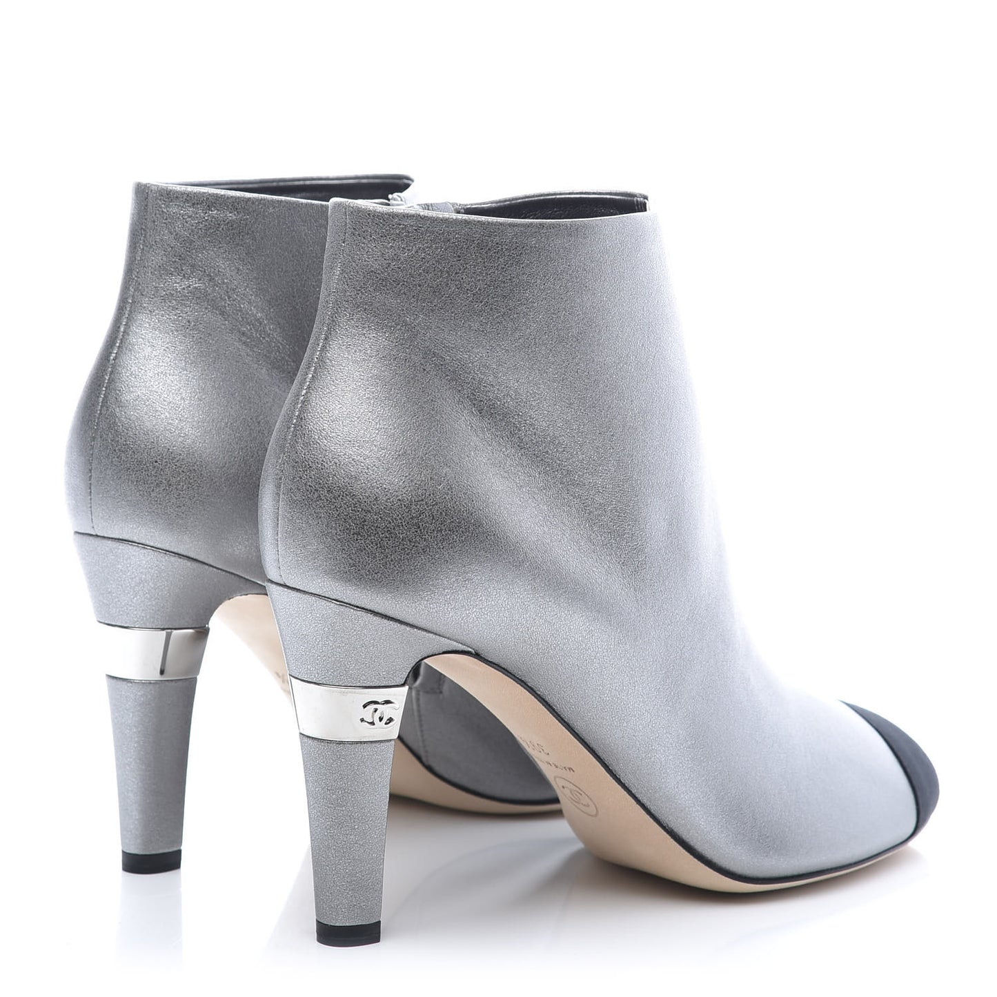 Lambskin Grosgrain Cap Toe CC Short Ankle Boots 39.5 Silver Black