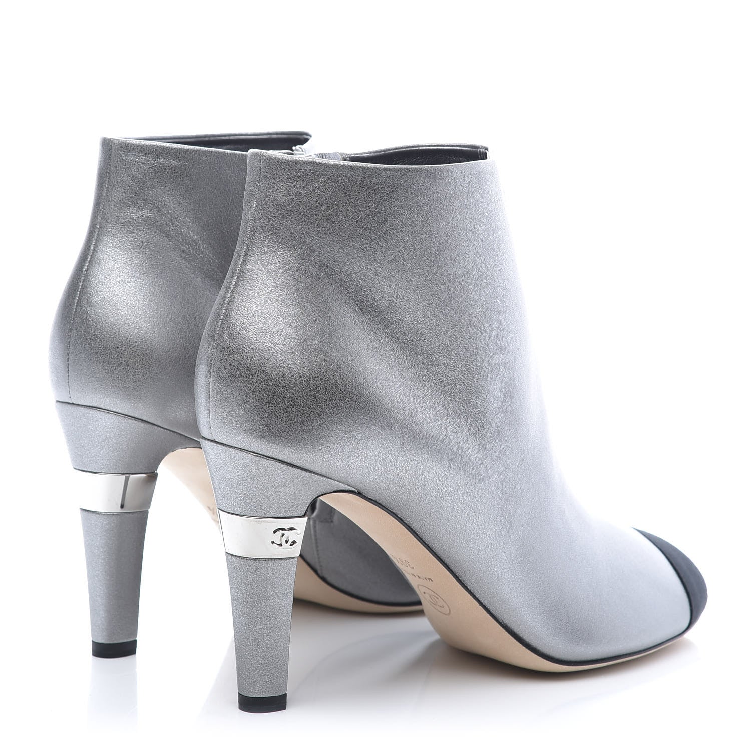 Chanel Lambskin Grosgrain Cap Toe CC Short Ankle Boots 39.5 Silver Black 4 of 9