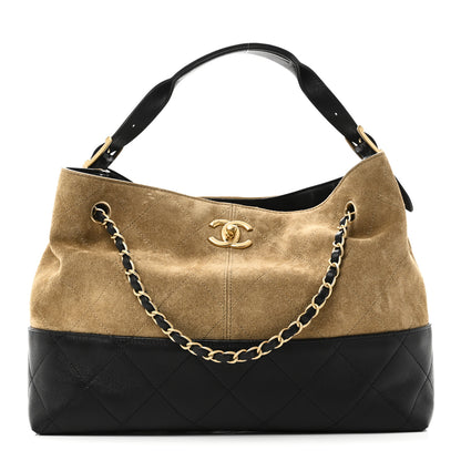 Chanel Suede Calfskin Shiny Lambskin Quilted Small Coco Base Shopping Bag Beige Black 1 of 10