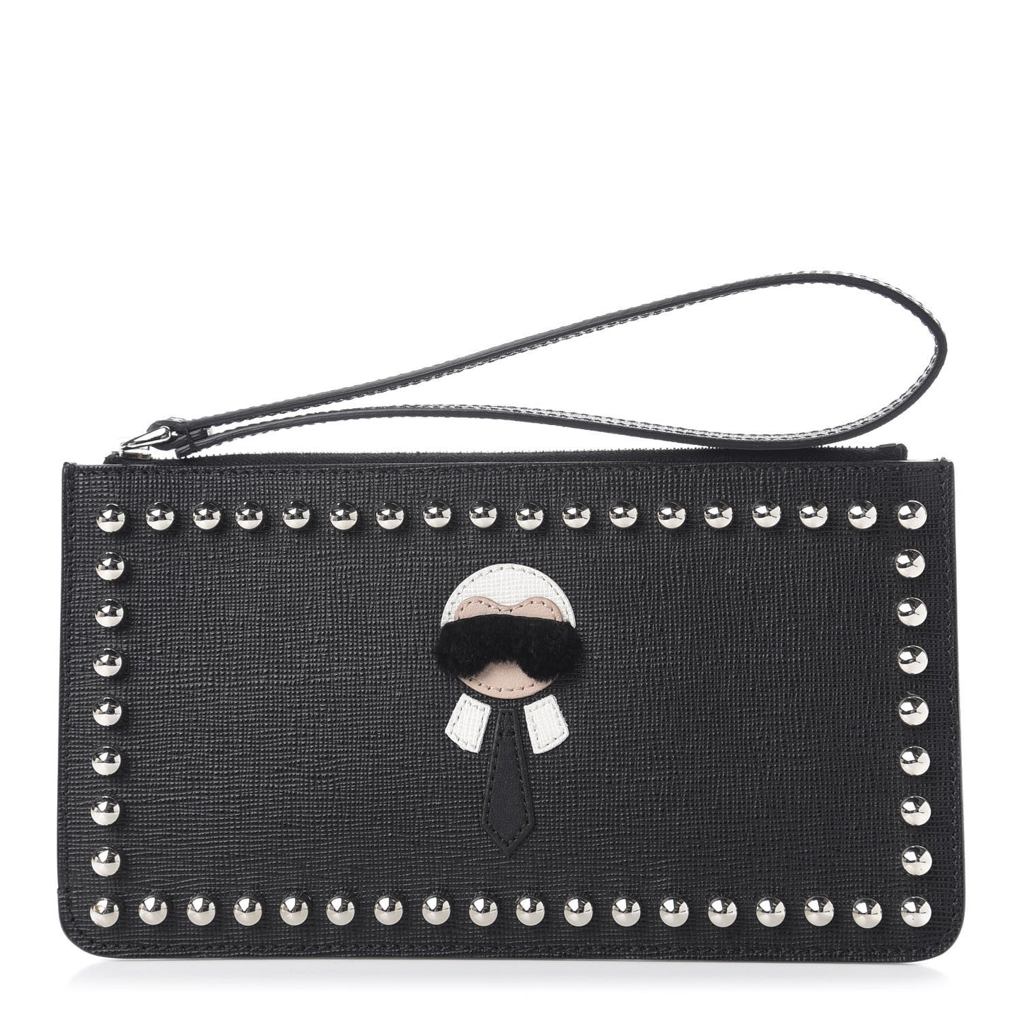 Vitello Elite Mink Fur Studded Karlito Zip Pouch Black
