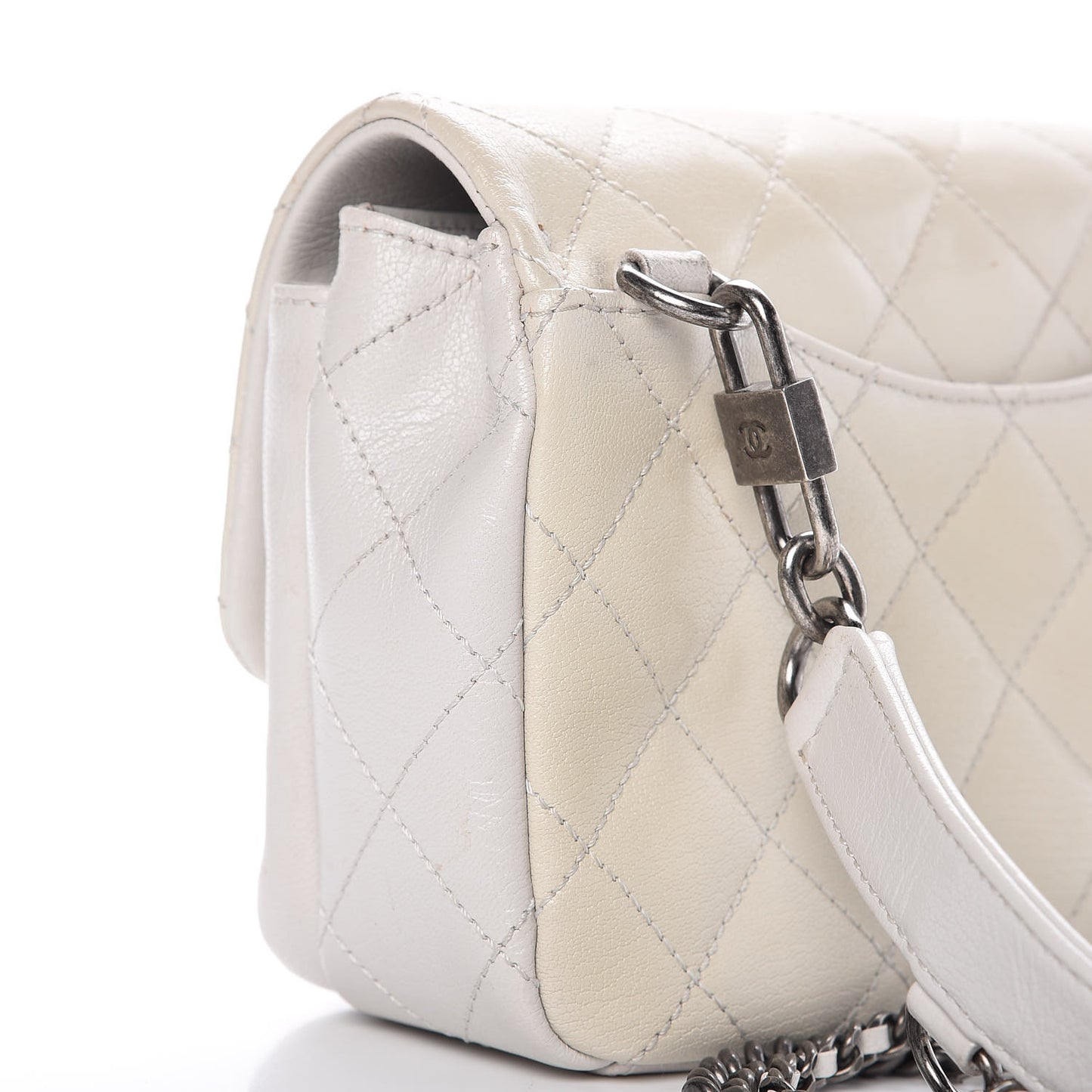 Shiny Goatskin Quilted Small Double Carry Waist Chain Flap White