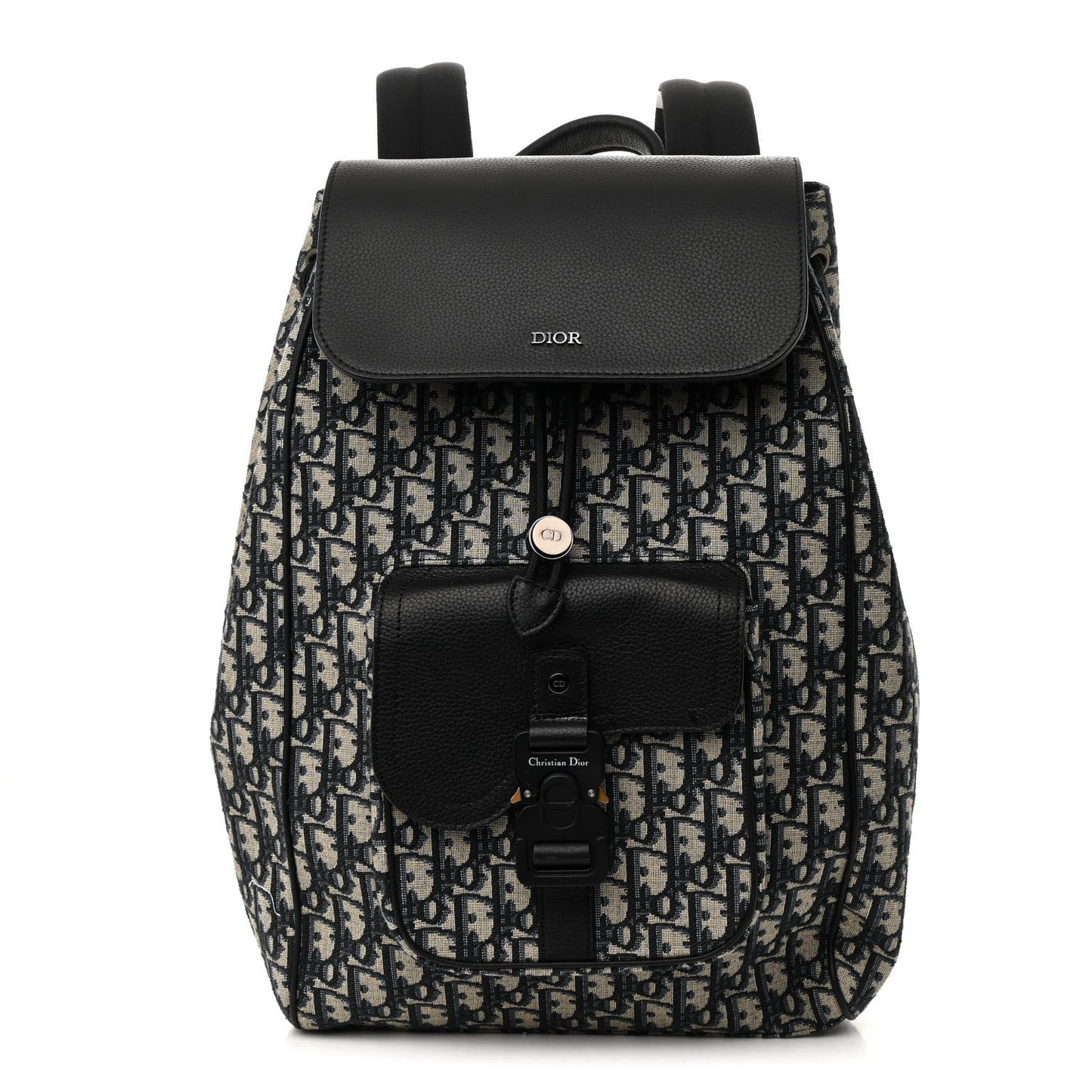 Oblique Jacquard Grained Calfskin Drawstring Saddle Backpack Beige Black