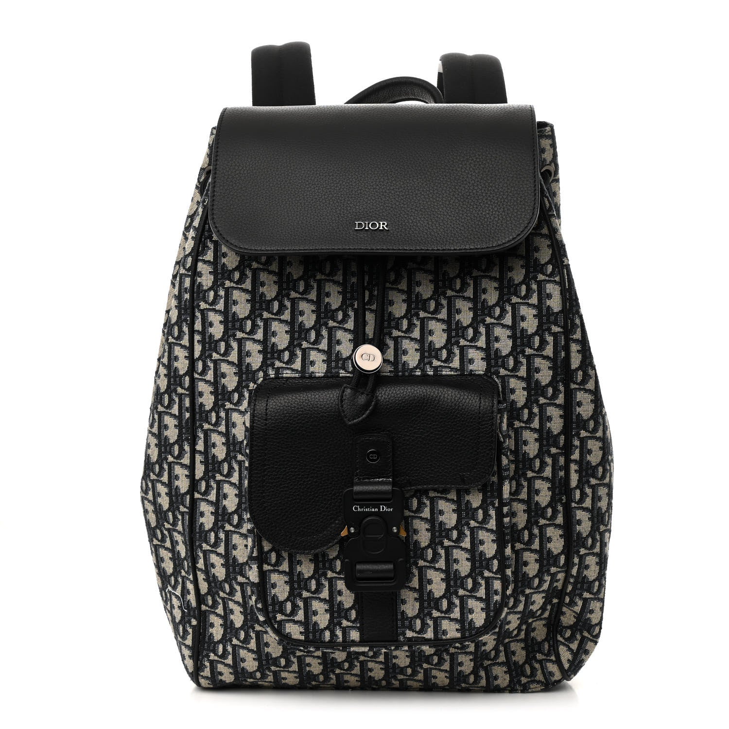 Christian Dior Oblique Jacquard Grained Calfskin Drawstring Saddle Backpack Beige Black 1 of 11