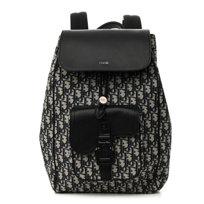 Christian Dior Oblique Jacquard Grained Calfskin Drawstring Saddle Backpack Beige Black 1 of 11