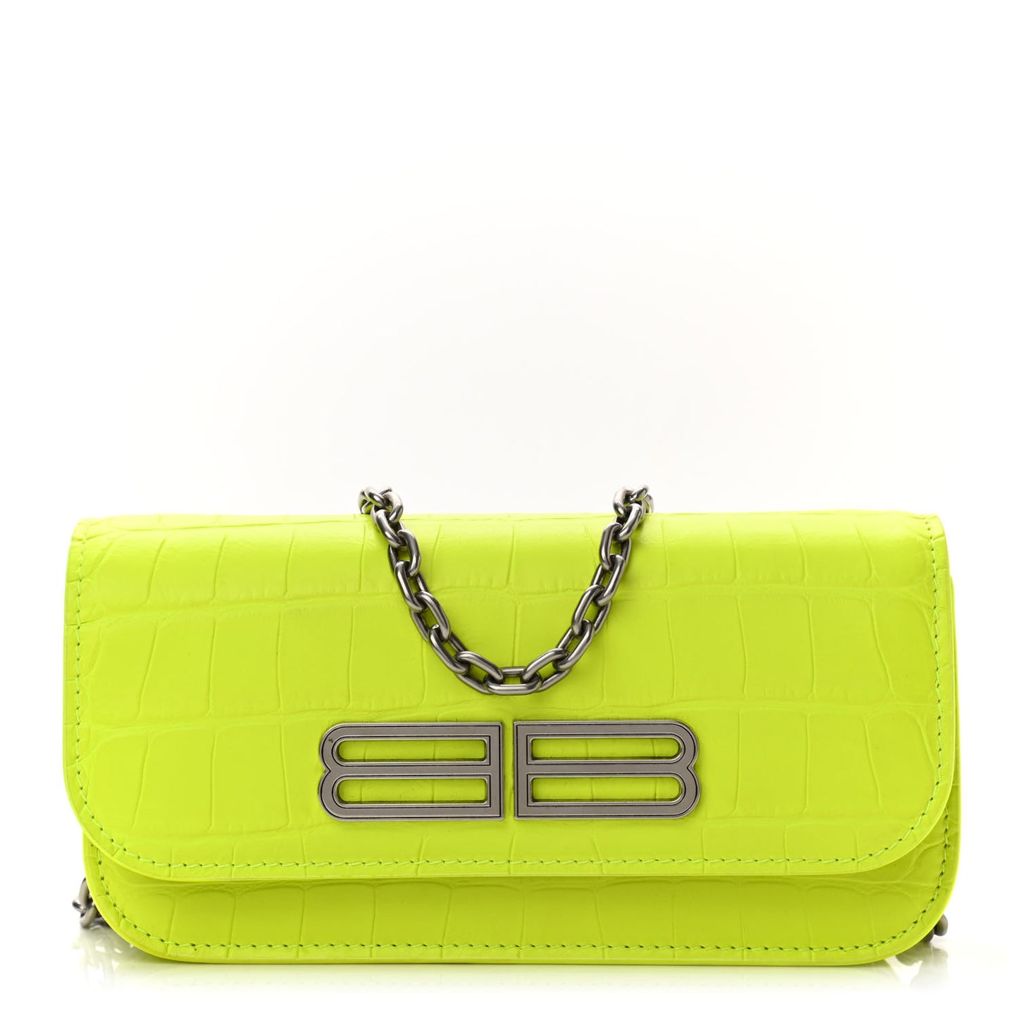 Extra Supple Calfskin Crocodile Embossed Gossip Wallet On Chain Fluo Yellow
