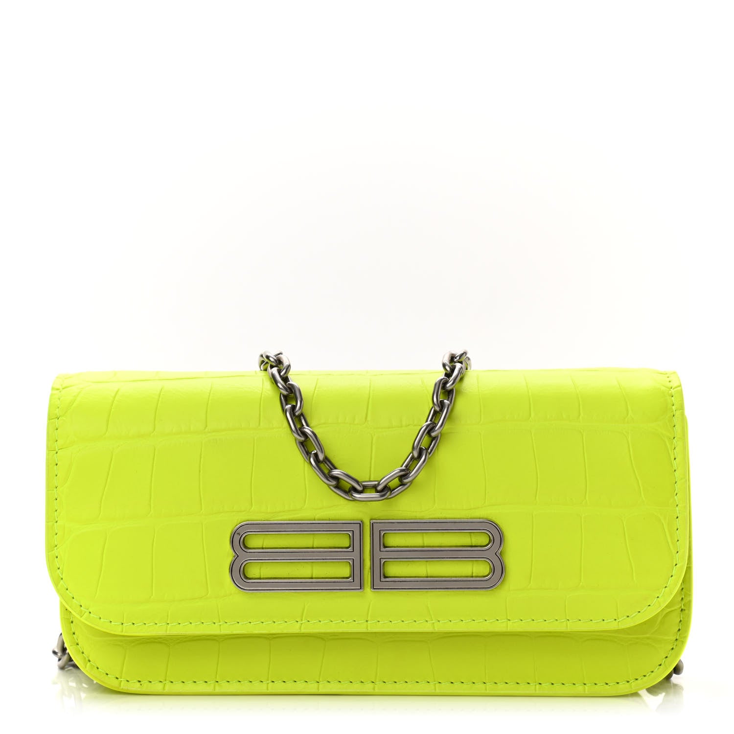 Balenciaga Extra Supple Calfskin Crocodile Embossed Gossip Wallet On Chain Fluo Yellow 1 of 11