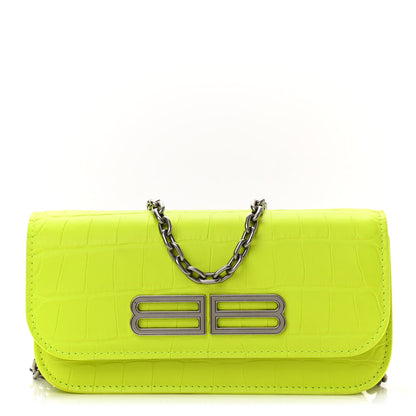 Balenciaga Extra Supple Calfskin Crocodile Embossed Gossip Wallet On Chain Fluo Yellow 1 of 11