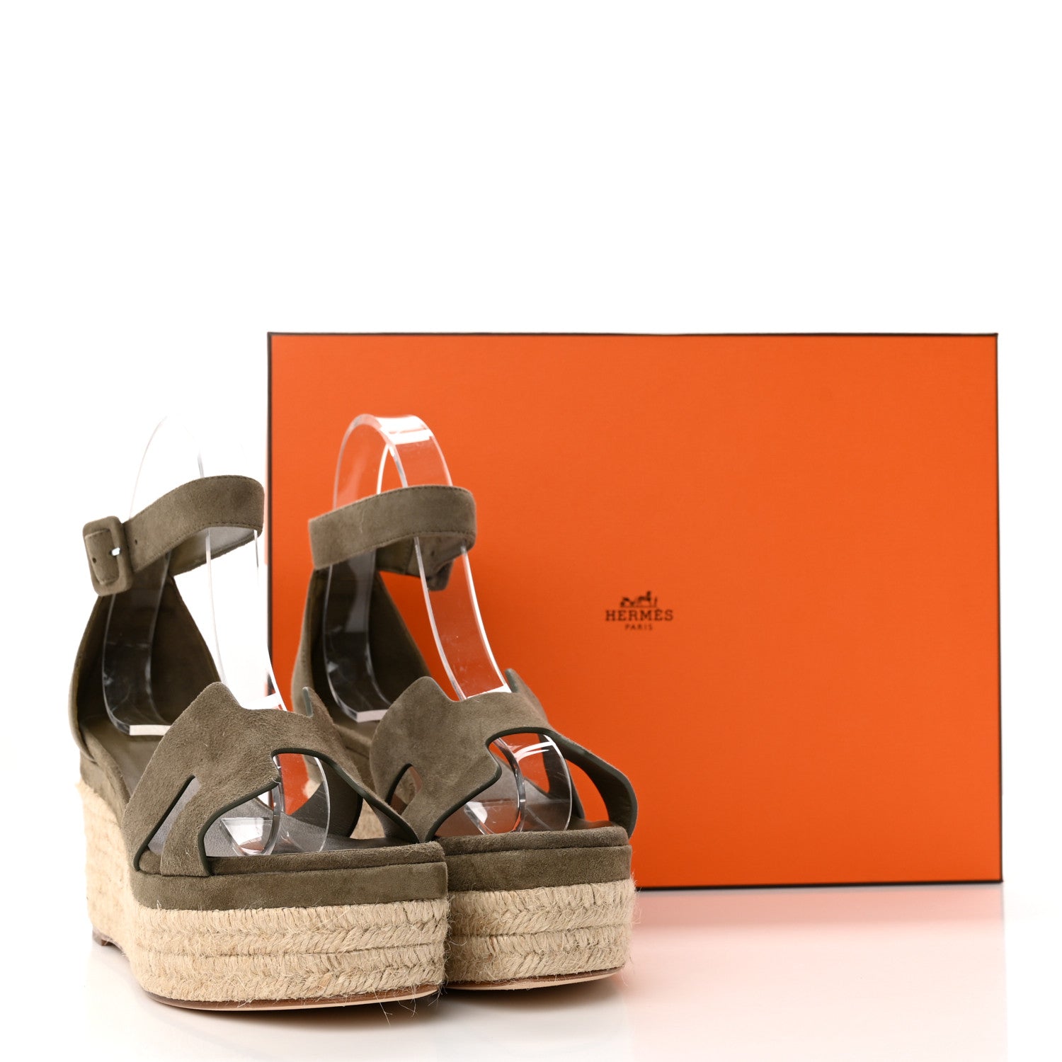 Hermes Suede Goatskin Elda Espadrille Wedge Sandals 37 Vert Toundra 11 of 11