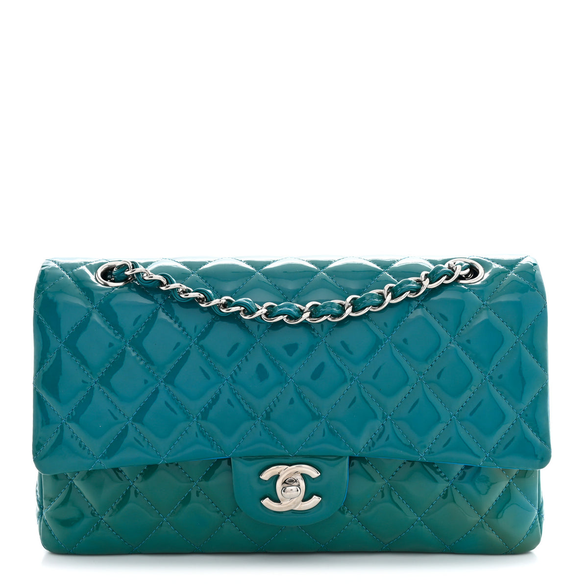 Patent Calfskin Quilted Medium Double Flap Turquoise