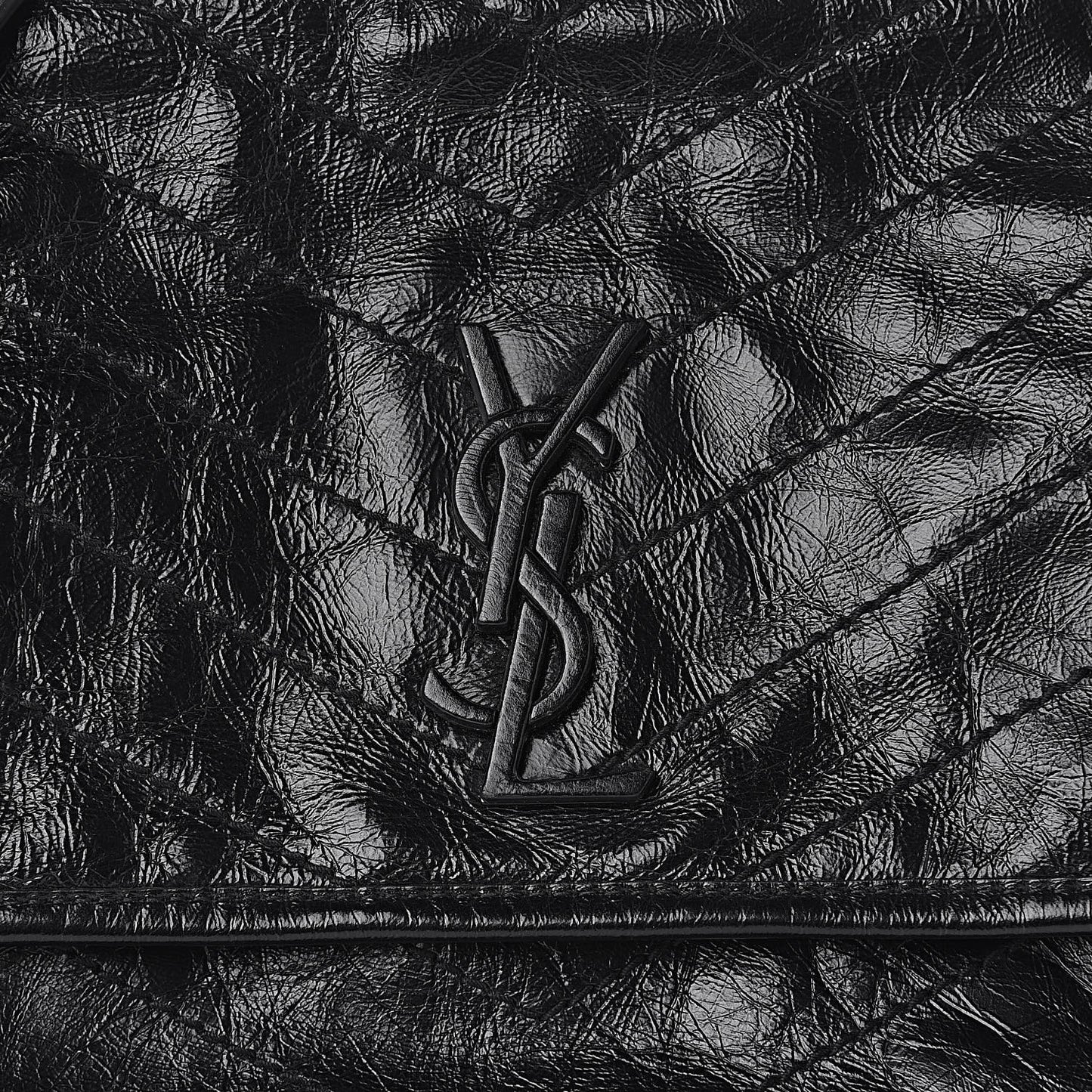 Crinkled Calfskin Matelasse Monogram Medium Niki Chain Satchel Black